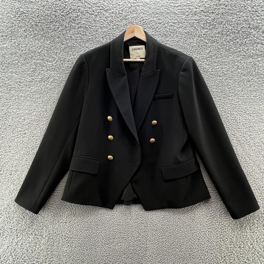 Lagence Blazer Women 12 Black Double Breasted Gold Button Jacket Tailored Career